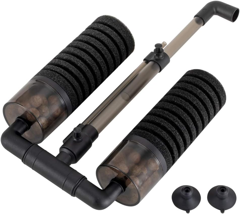 Aquarium Double Sponge Filter, Comes with 2 Spare Sponges, 1 Bag of Bio Ceramic Media Balls, Quiet Submersible Foam