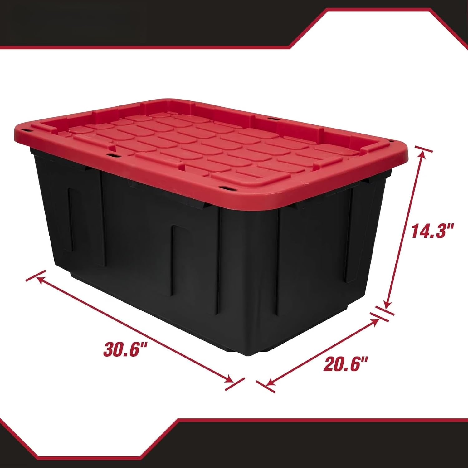 27 Gallon Heavy Duty Plastic Storage Bin with Snap Lid, Lockable, Stackable, Black and Red, 30.6 x 20.6 x 14.3 Inch