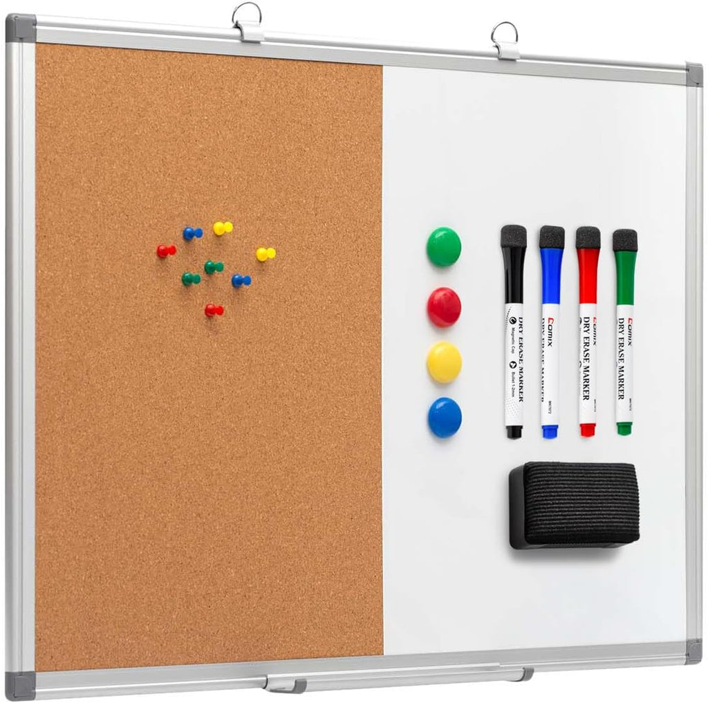 Cork Board Magnetic Dry Erase Board Combo, 24 x 18 Inches Whiteboard and Bulletin Board Combination, Aluminum Frame