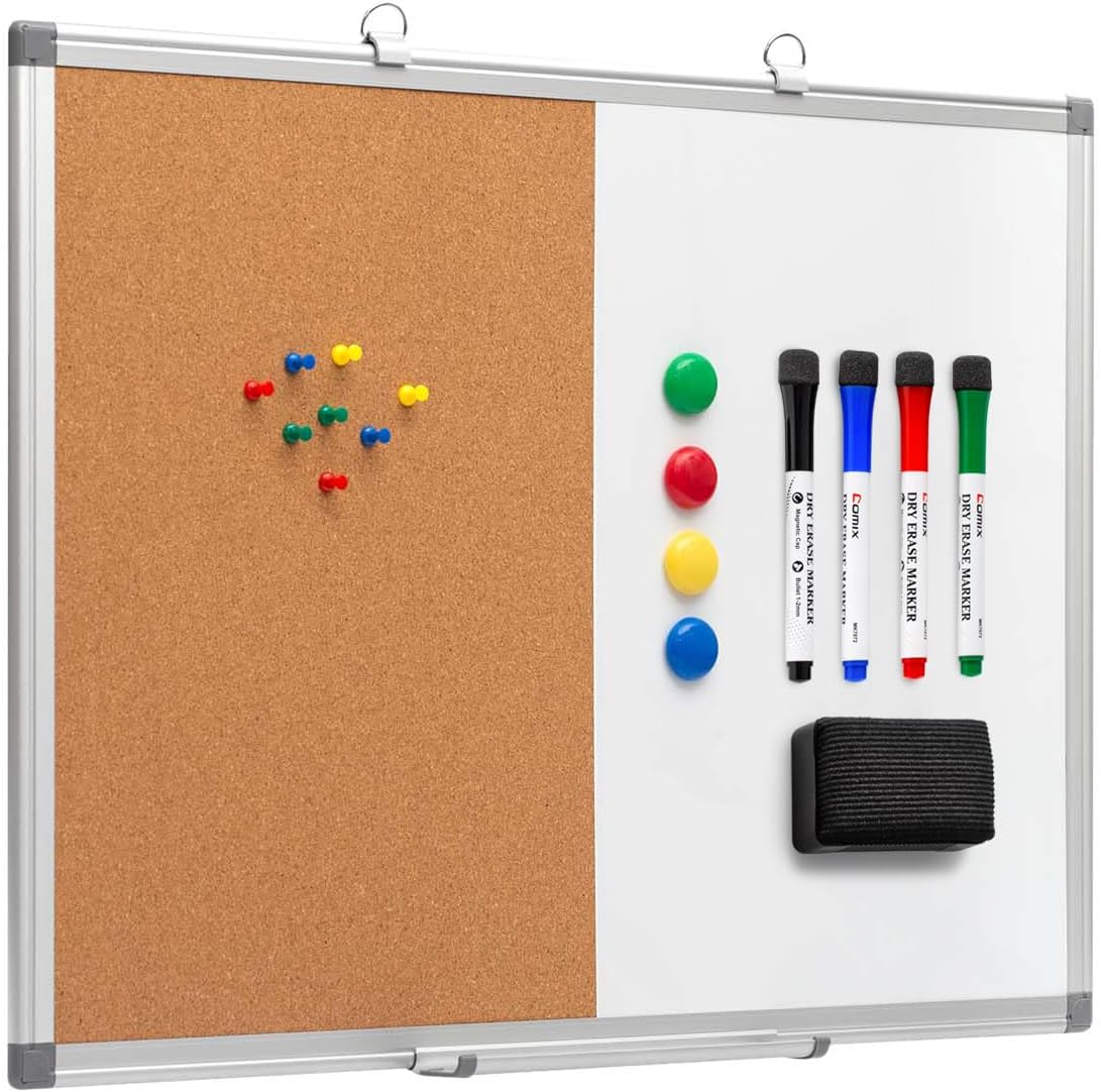 Cork Board Magnetic Dry Erase Board Combo, 24 x 18 Inches Whiteboard and Bulletin Board Combination, Aluminum Frame