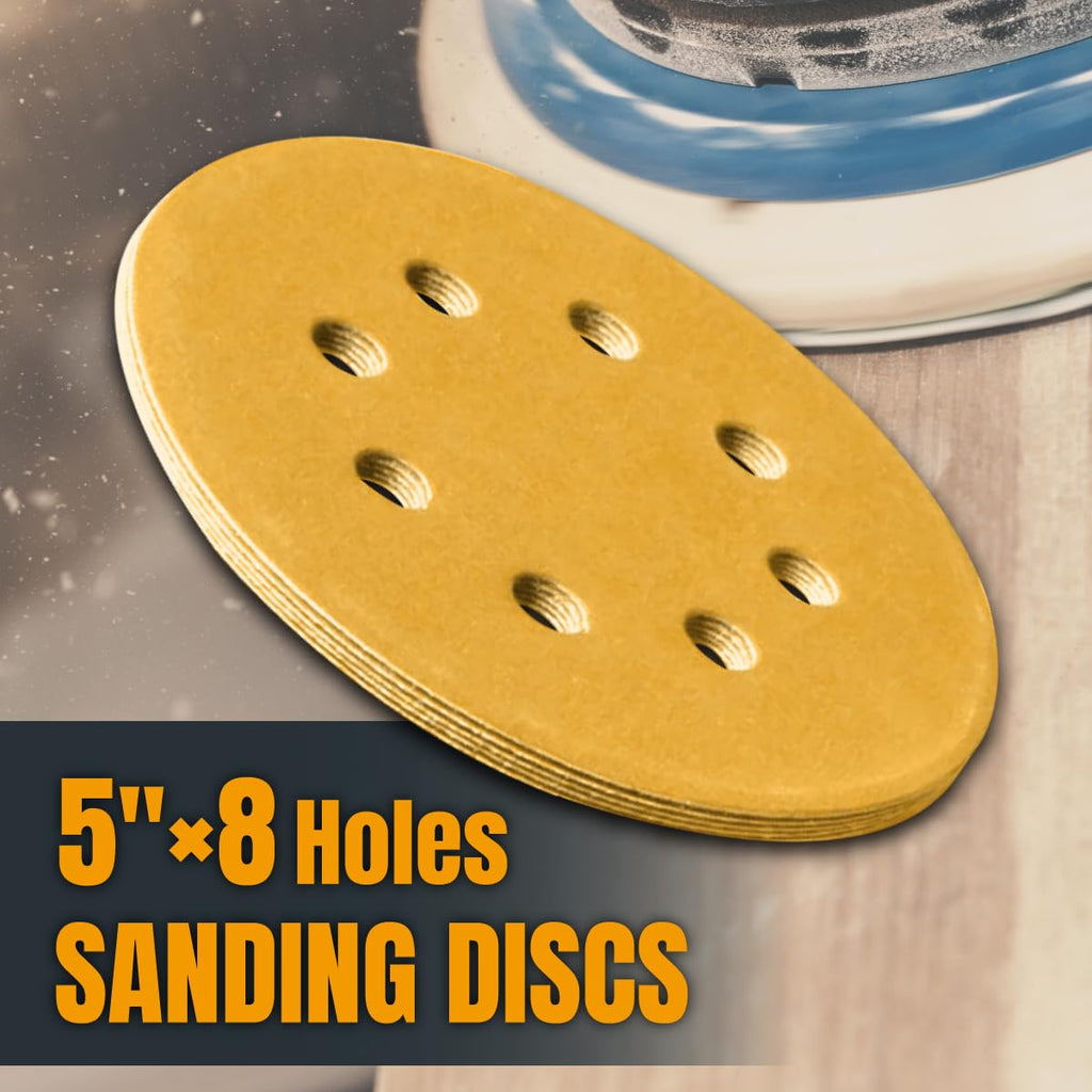 5 Inch 8 Hole Sanding Discs - 80/100/120/150/220 Grits Sandpaper (10 Each, 50-Pack), Assorted 5" Hook and Loop