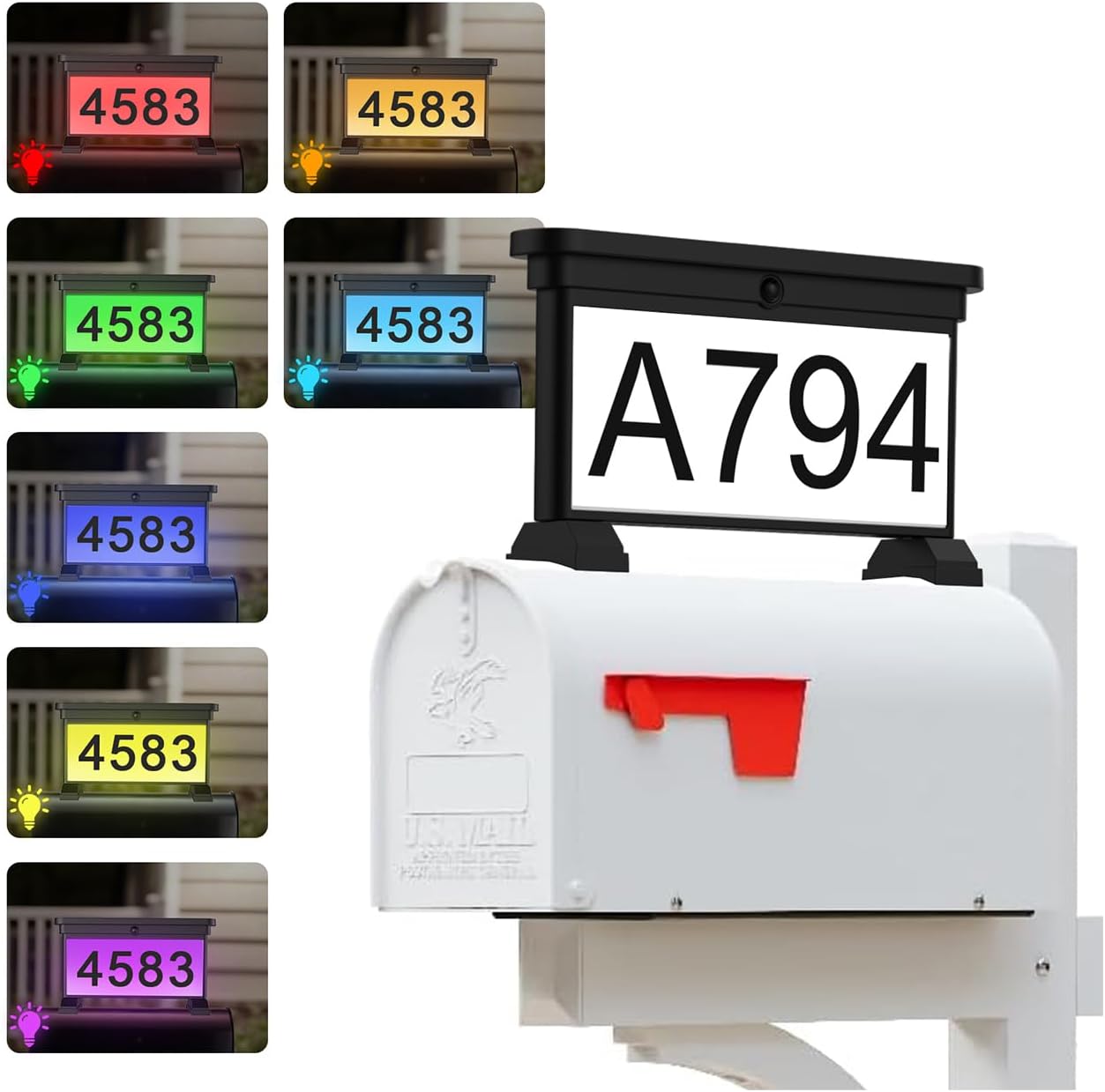 Solar Mailbox Numbers, Double Sided RGB Color Changing Address Sign, Waterproof LED Illuminated House Numbers for
