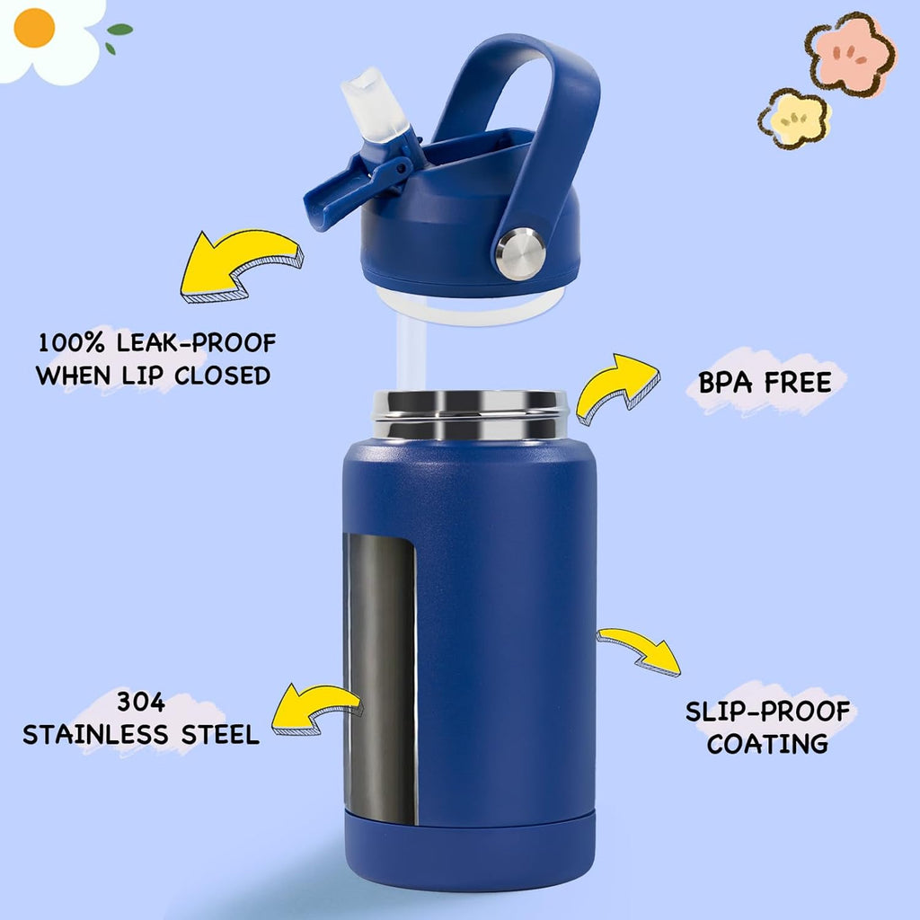 12oz Kids Water Bottle, Stainless Steel Insulated Water Bottle, Toddler Cup with Straws Leak-Proof, Kids Water
