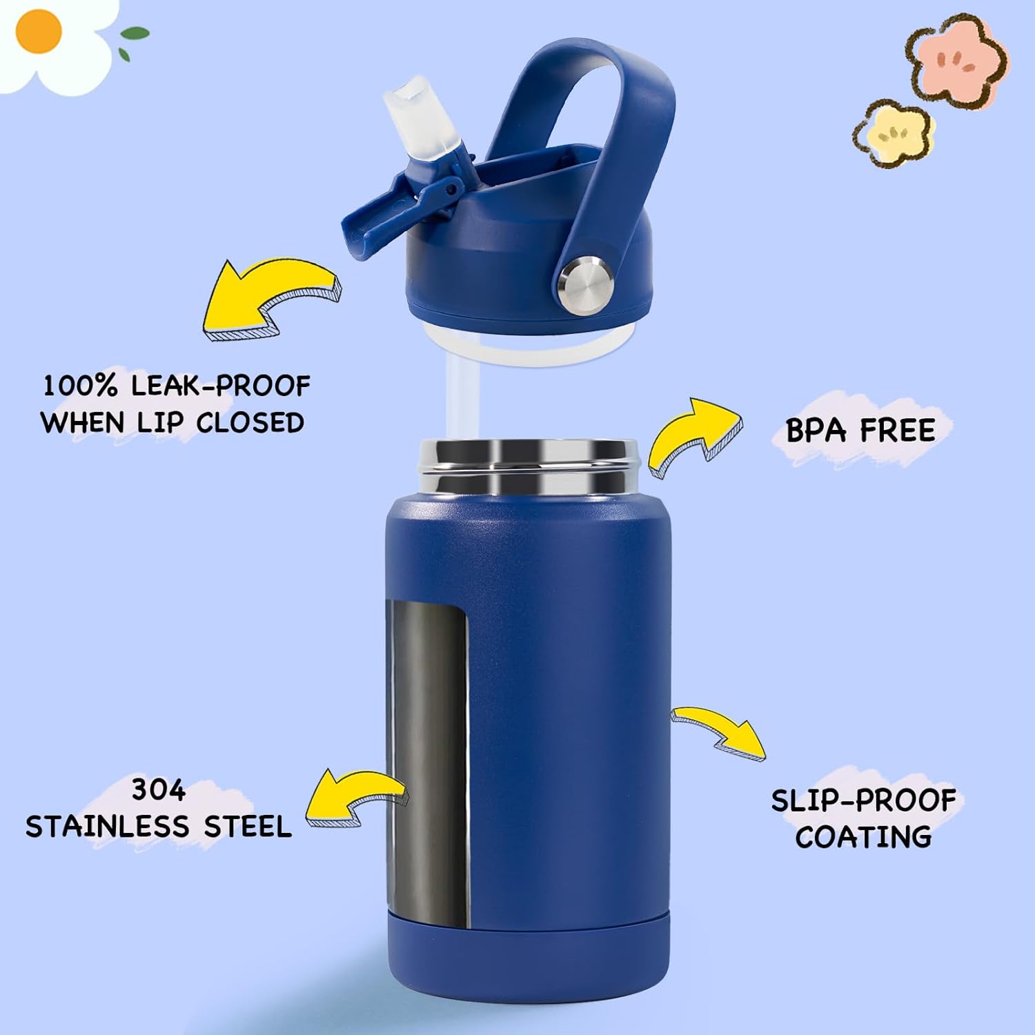 12oz Kids Water Bottle, Stainless Steel Insulated Water Bottle, Toddler Cup with Straws Leak-Proof, Kids Water