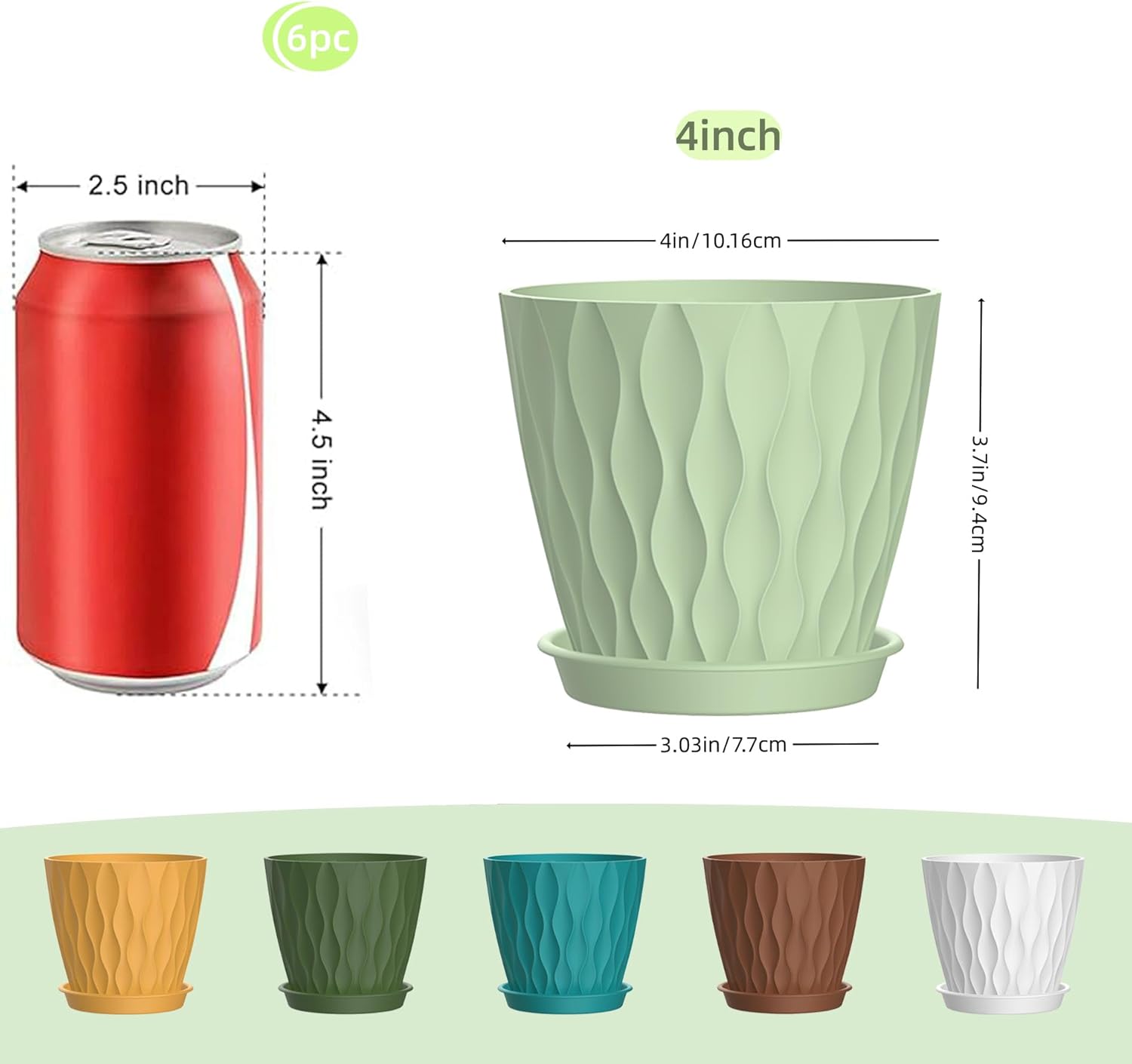 4 Inch Plant Pots, 6 Pack Indoor Flower Pots, Planters with Drainage Holes and Trays for Orchids, Violets