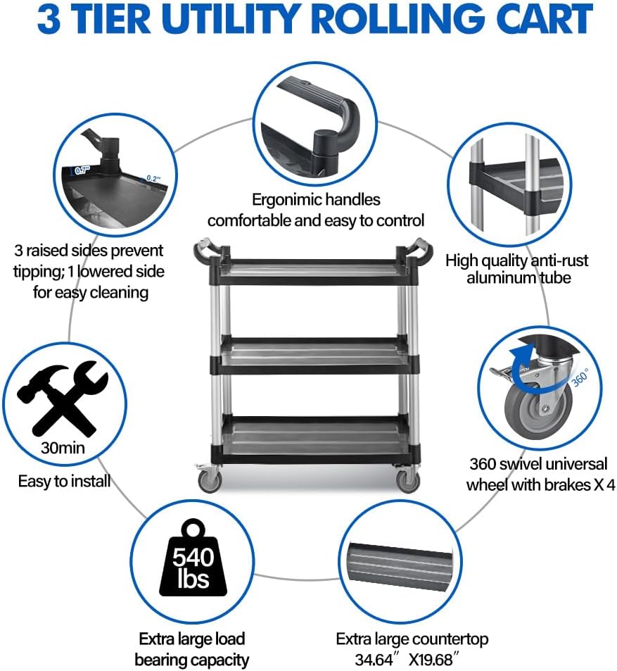 Utility Rolling Carts with Wheels, Large Plastic Service Carts, Heavy Duty Restaurant Cart with 4 Brake Lockable