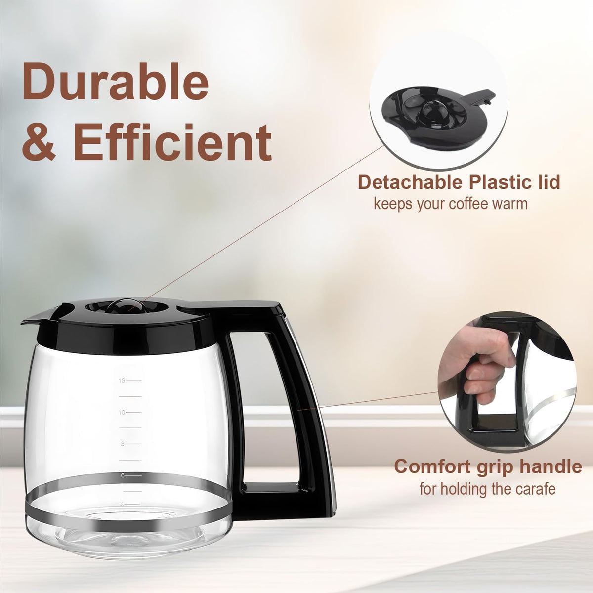 12-Cup Glass Carafe Replacement for Cuisinart Coffee Maker Models DCC-1200, DCC-1100BK, DCC-2650, CHW-12, CHW-12P1