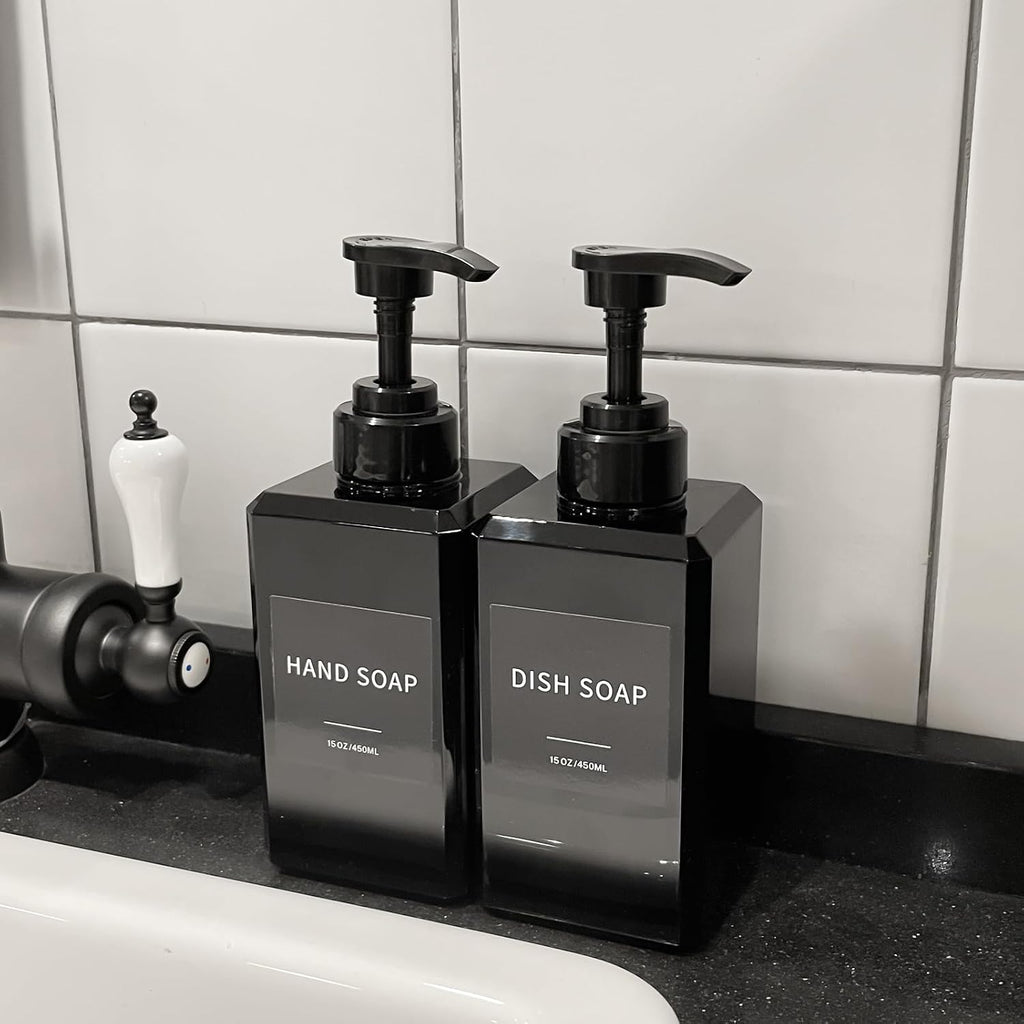 Black Soap Dispenser with Waterproof Labels, Thickened Plastic Hand Soap Dispenser for Bathroom, Kitchen Dish Washing