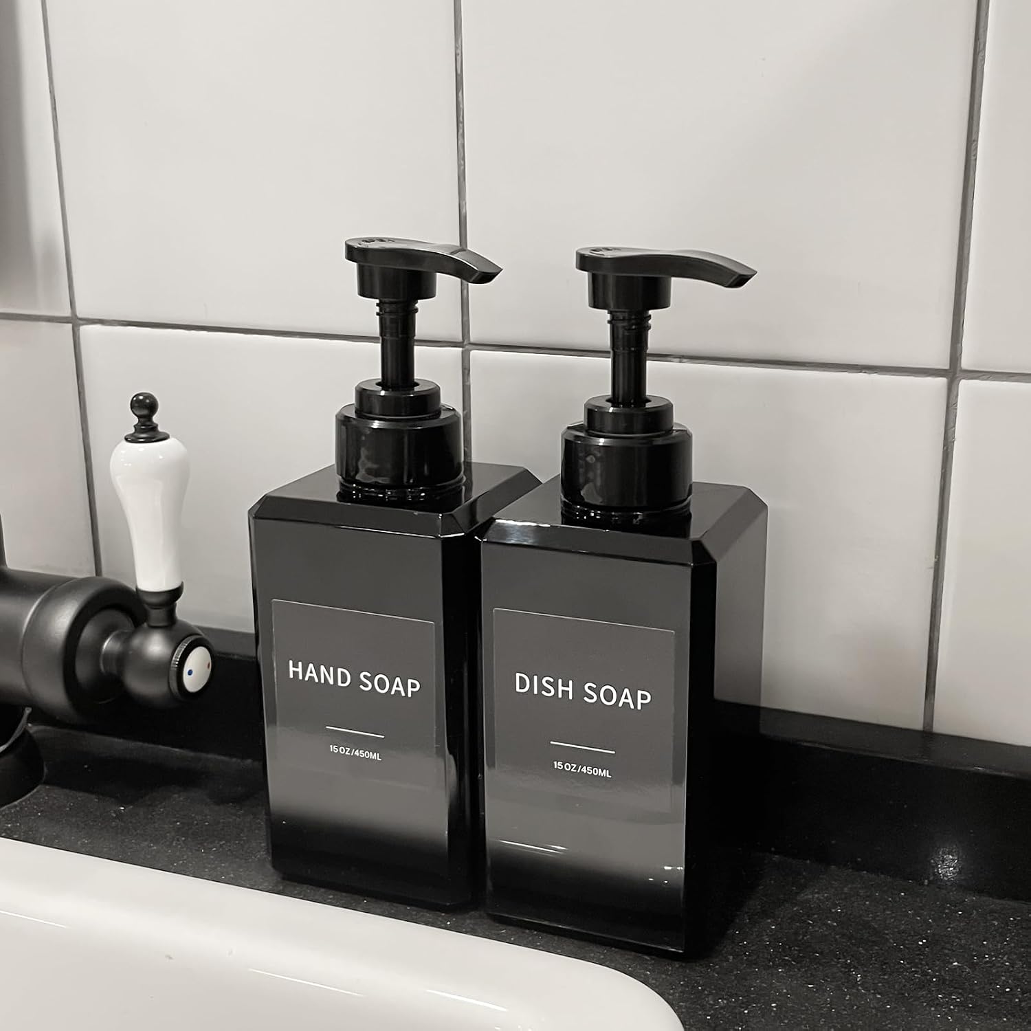 Black Soap Dispenser with Waterproof Labels, Thickened Plastic Hand Soap Dispenser for Bathroom, Kitchen Dish Washing