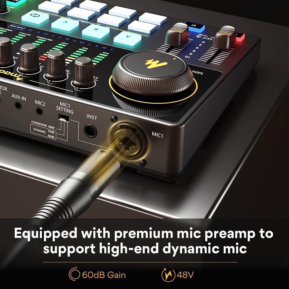 AME2 Audio Interface Mixer, Podcast Studio Console with XLR Input | 48V phantom power, Bluetooth, 11 custom sound