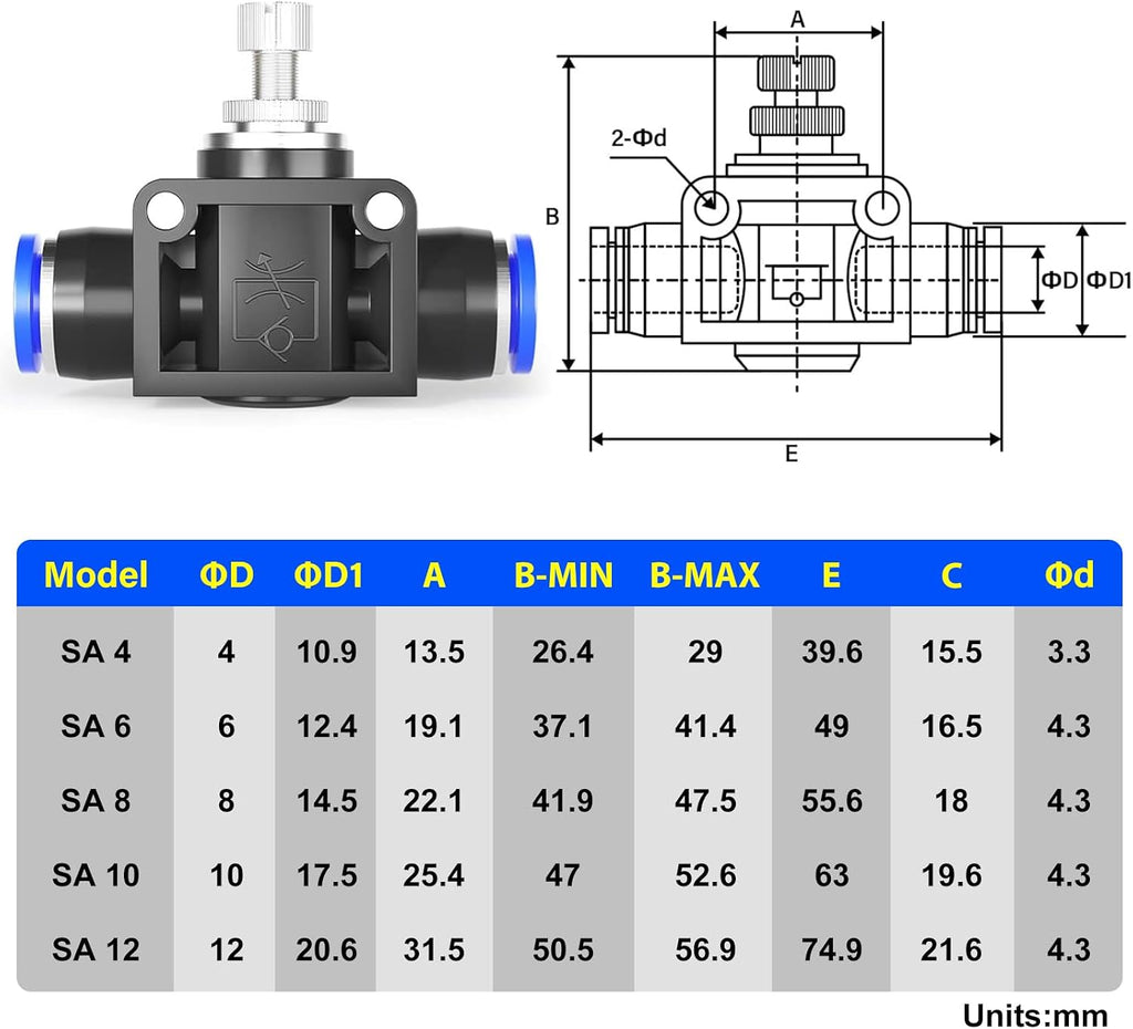 TAILONZ 6mm OD SCF-6 Air Flow Control Valve Push-to-Connect Fitting 5PCS