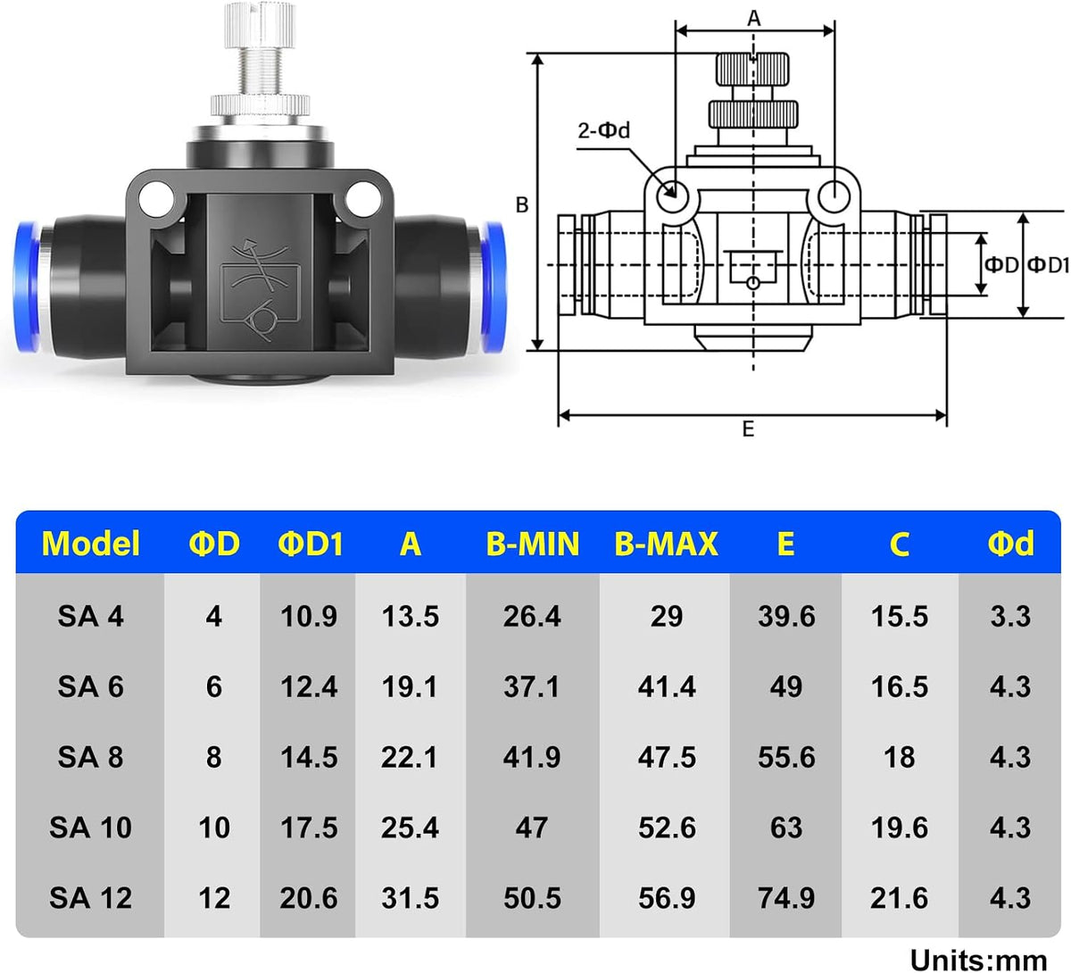 TAILONZ 6mm OD SCF-6 Air Flow Control Valve Push-to-Connect Fitting 5PCS