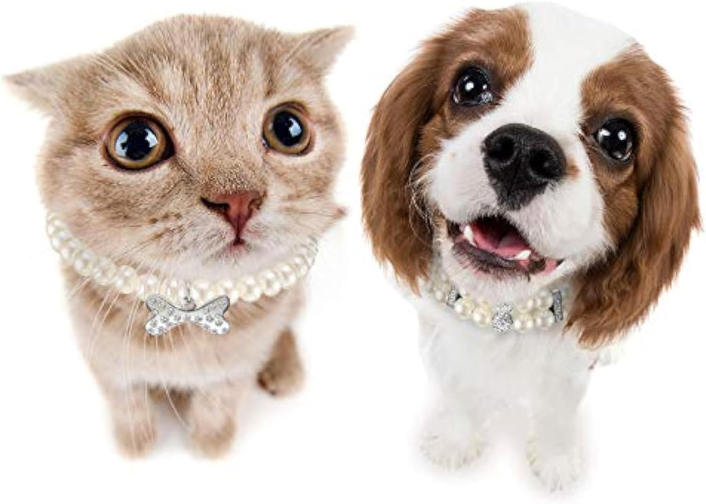 2 Pcs Pet Dog Pearl Collar and Necklace Set, White, S