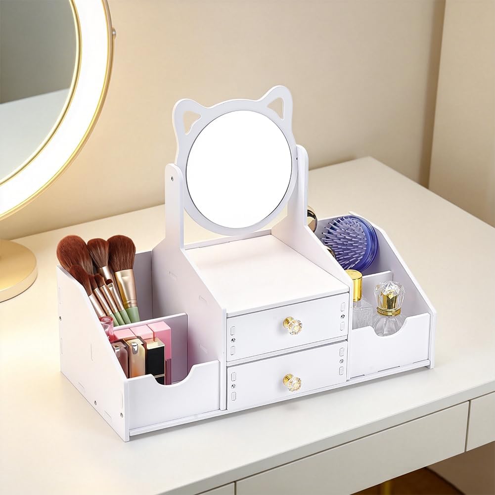 1Pc Wooden Makeup Organizer with Mirror Drawers