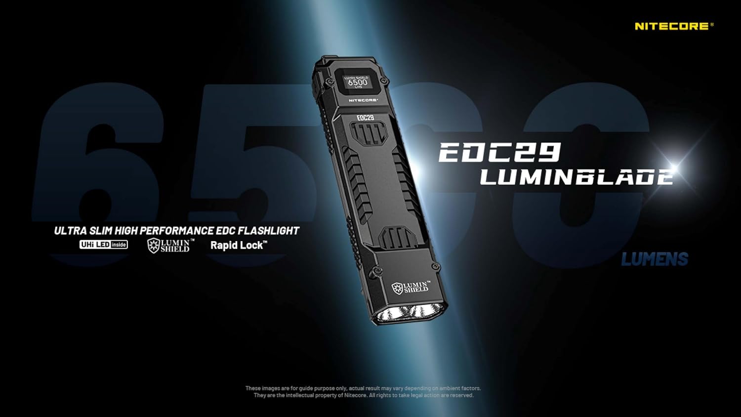 EDC29 6500 Lumen Rechargeable EDC Tactical Flashlight (Black) | USB-C Fast Charging, Slim Flat Shape, Spotlight