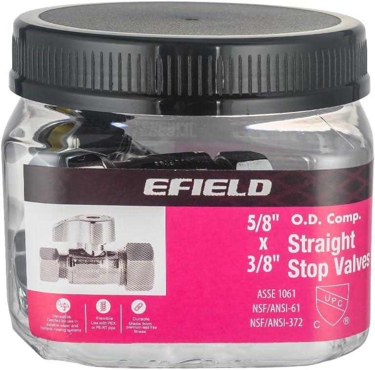 Pro 4PCS EFIELD 1/4 Turn Compression Straight Stop Valve | 1/2" Nominal (5/8" OD) Compression x 3/8" OD Water Shut