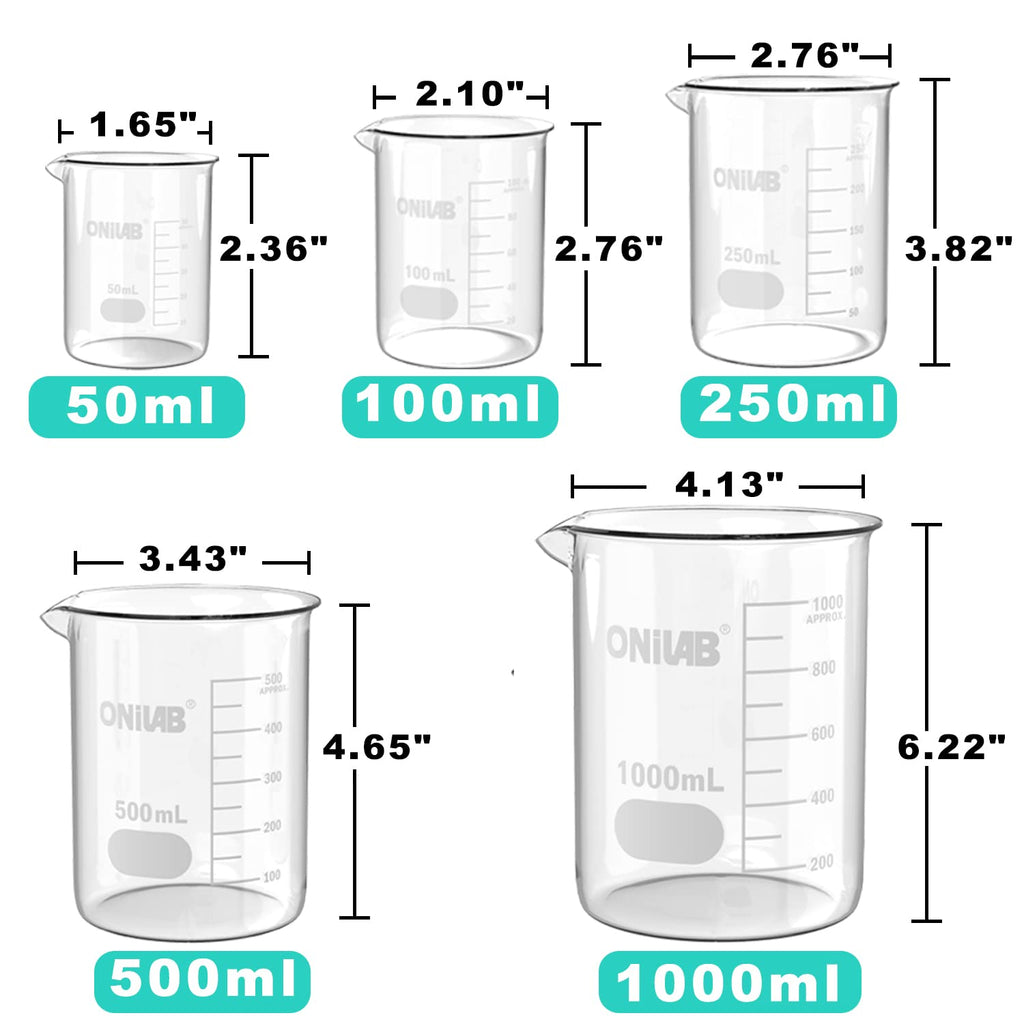 Glass Measuring Beaker Set 50ml 100ml 250ml 500ml 1000ml(Pack of 5) | 3.3 Borosilicate Material, Griffin Low Form