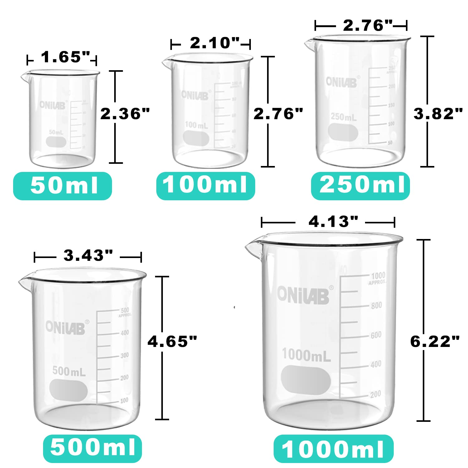 Glass Measuring Beaker Set 50ml 100ml 250ml 500ml 1000ml(Pack of 5) | 3.3 Borosilicate Material, Griffin Low Form
