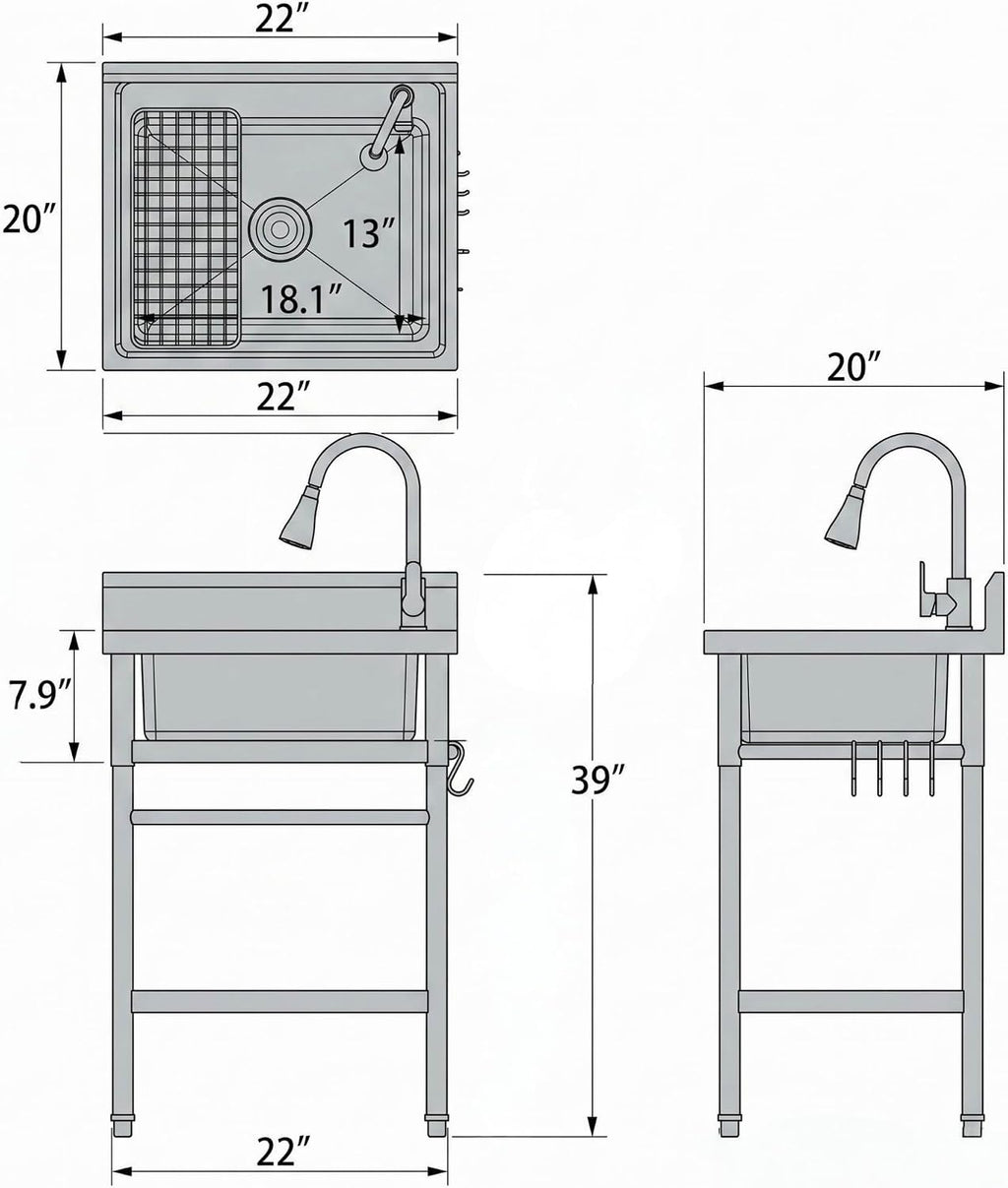 Stainless Steel Utility Sink, 22'' × 20'' × 39'' Freestanding Stainless Steel Single Bowl Laundry Sink with swivel