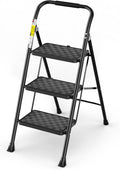 3 Step Ladder, Step Stool Foldable for Adults with Wide Anti-Slip Pedal, Lightweight 3 Step Ladders for Home, Black