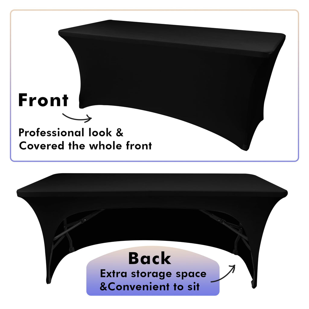 2 Pack Spandex Fitted Black Tablecloth for 4 Foot Tables-Open Back Folding Table Cover Washable Fabric Stretch, Tight