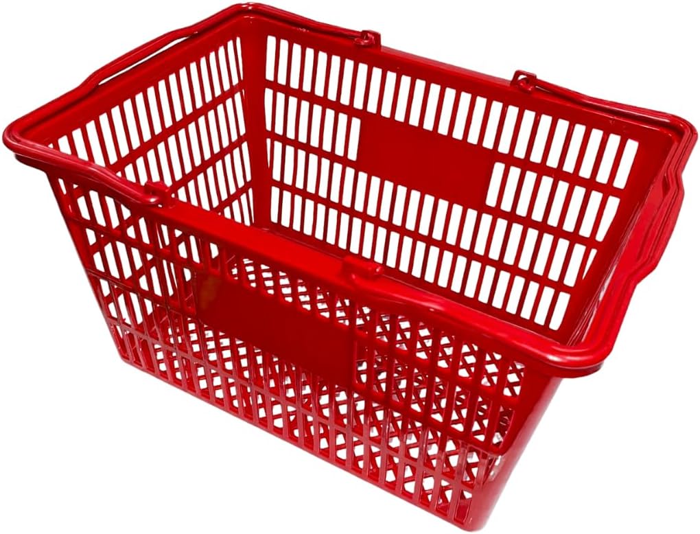 Stackable Plastic Shopping Baskets, Red and Blue, Easy-Grip Handles for Grocery, Retail, Liquor Stores, Home Use