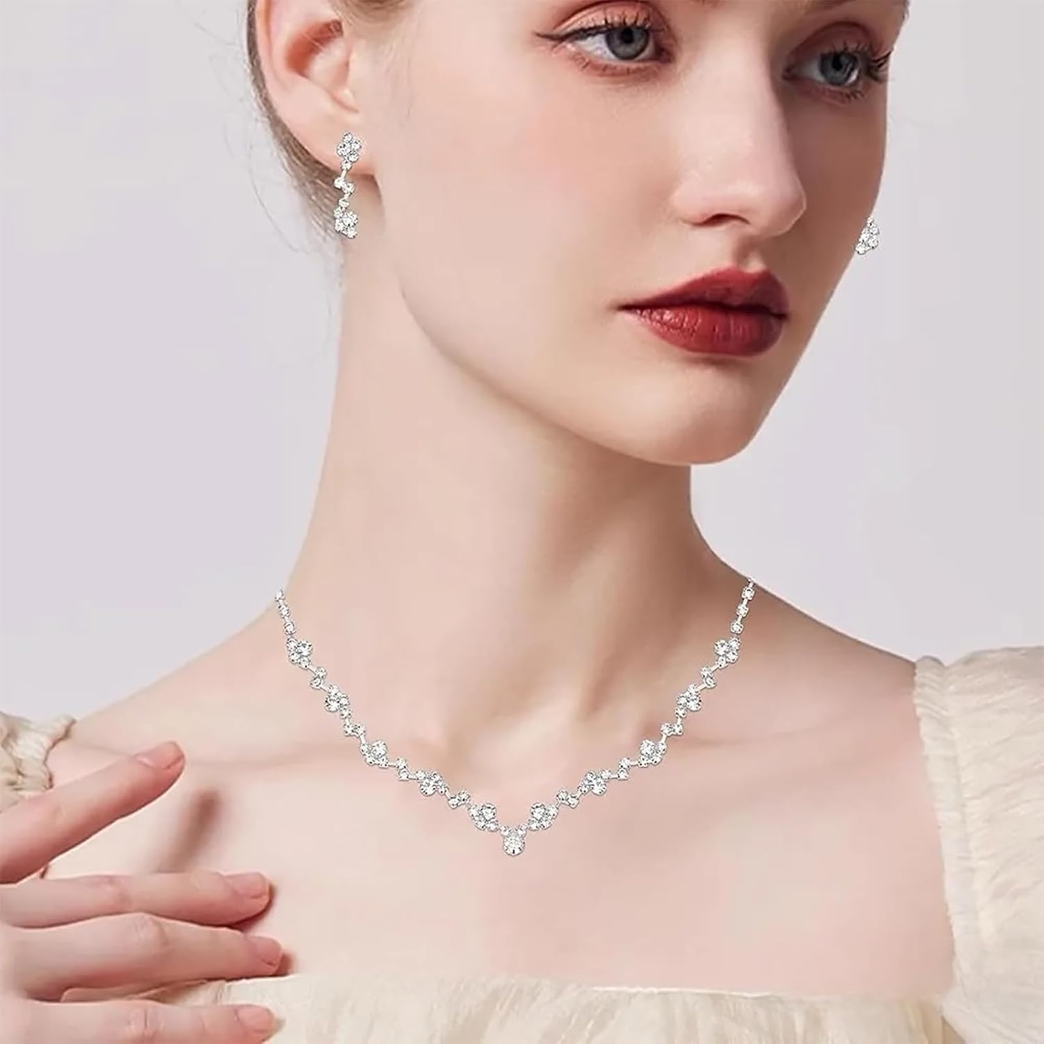 Silver Crystal Bridal Jewelry Set, Teardrop Dangle Earrings Rhinestone Necklace Bracelet for Bride Bridesmaid Crystal
