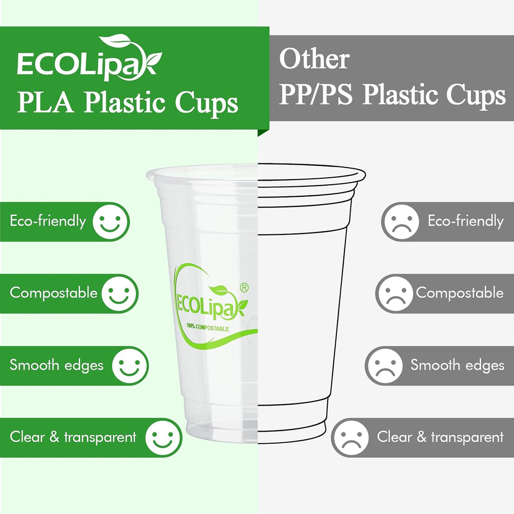 100 Count 12oz Clear Disposable Compostable Plastic Cups for Party