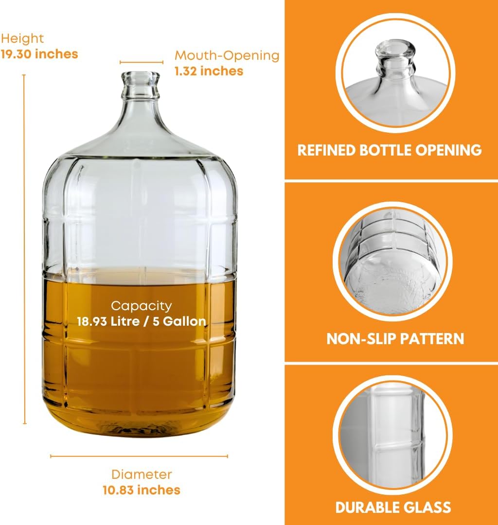 Clear Italian Carboy 5 Gallon for Wine, Beer and Kombucha Fermentation | Reusable 5 Gallon Glass Carboy for home
