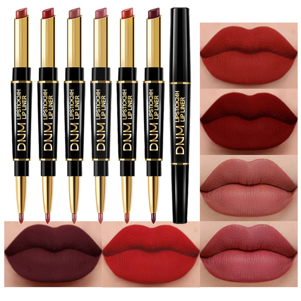6Pcs Red Lip Liner and Lipstick Lip Stain Crayon Gift Set for Women Dark Deep Red Nude Long Lasting 24 Hour Matte