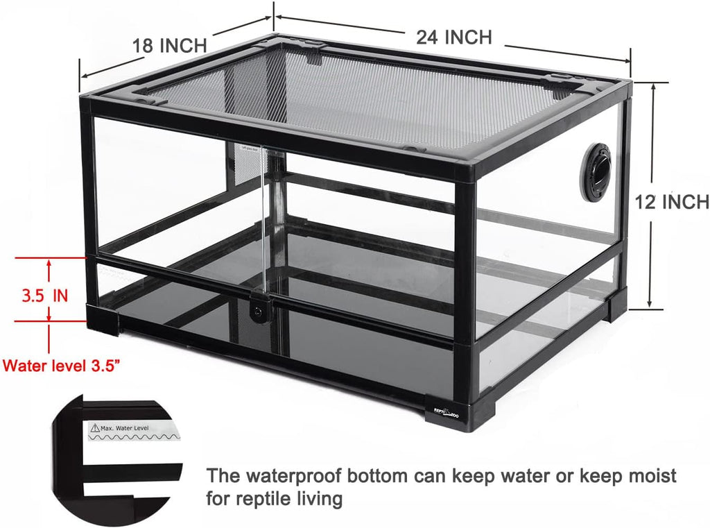 Full Glass 20 Gallon Reptile Tank, Front Opening Reptile Terrarium 24" x 18"x 12", Double Hinged Opening Doors & Top