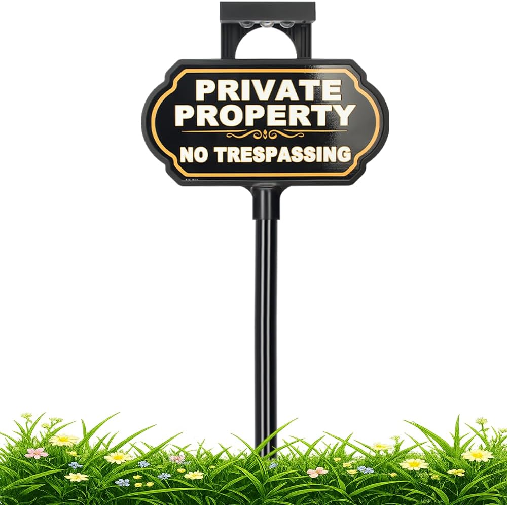 Solar Private Property No Trespassing Yard Sign with Stake, 10 x 5 Inch | Aluminum & Plastic, 39 Inch Adjustable