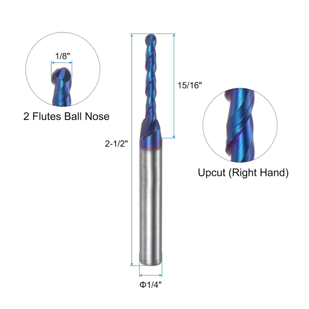 uxcell 2pcs Ball Nose End Mill CNC Router Bit, 1/16" Radius 1/4" Shank Solid Carbide Nano Coated Upcut Spiral 2 Flutes Cutter Milling Tool, 1/8" Dia 2-1/2" Total Length