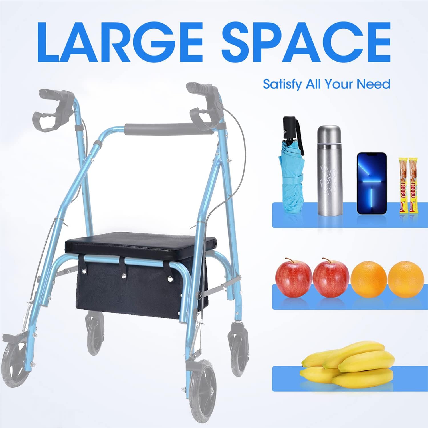 Large Rollator Walker Basket, Under Seat Rollator Bag, Walker Basket for Four Wheel Rollator, Reusable Basket Carry