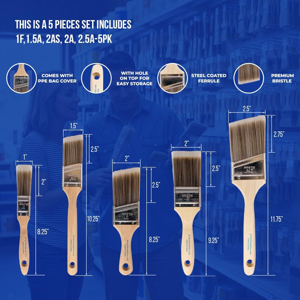 Paint Brushes, 5-Piece Paint Brush Set, Flat & Angle Brushes for Walls, Trim, Cabinets, Interior & Exterior Latex and