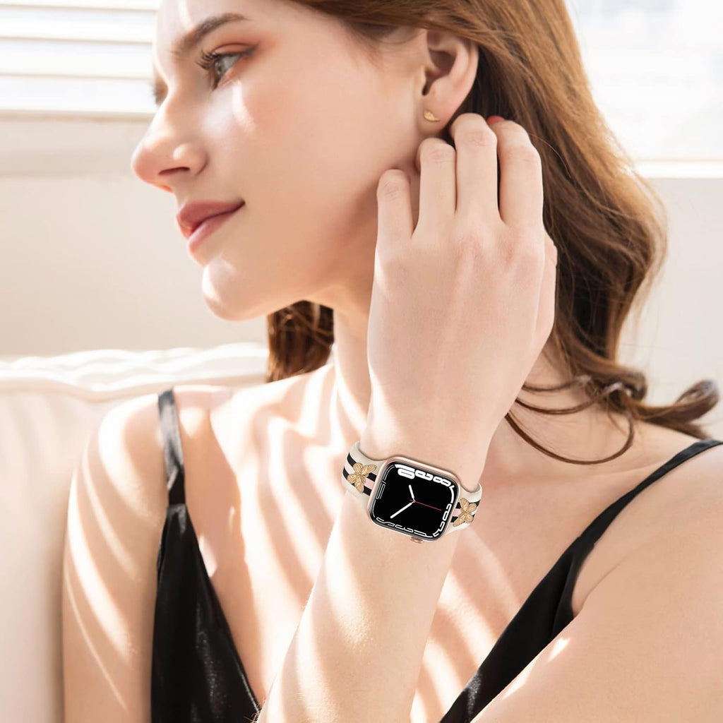 Designer Band with Charms Decor Compatible with Apple Watch Band Women Men | Stylish Silicone Sport Watch Bands for