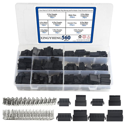 560Pcs 2.5mm Pitch 6/7/ 8/9 Pin Male/Female Plug Housing and Male/Female Pin Header Crimp Terminal Connector Assortment Kit (4 Size, 80 Set, Each 20 Set) Compatible with JST SM