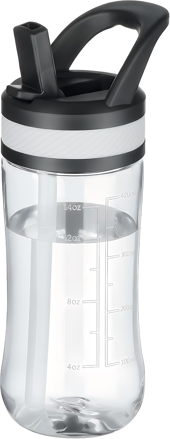 14oz Clear Kids Water Bottle with Straw Lid, BPA-Free Tritan, Measurement Scale, Sturdy Handle Wide Mouth Leak-proof