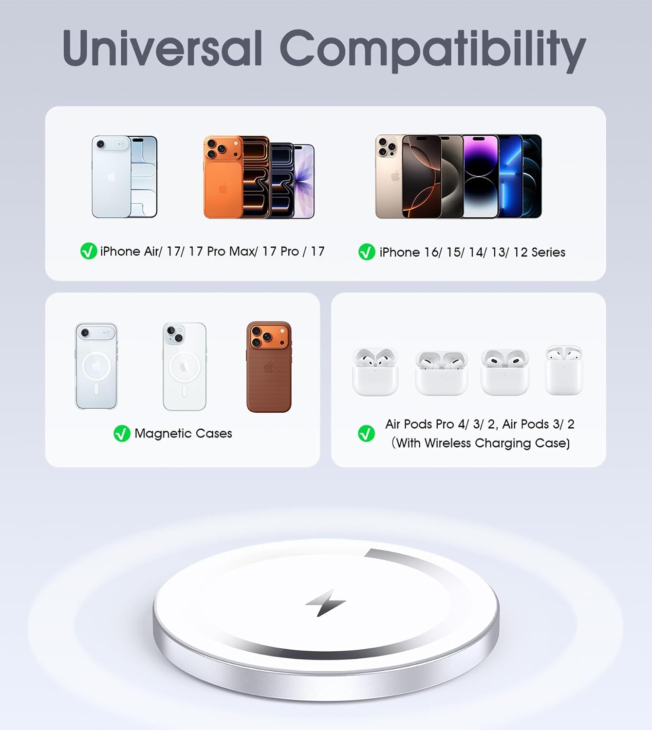for Apple Mag-Safe Charger 2 Pack, Magnetic Wireless Charger, Silver | Made for iPhone 17/17 Pro/17 Pro Max/Air/16 15