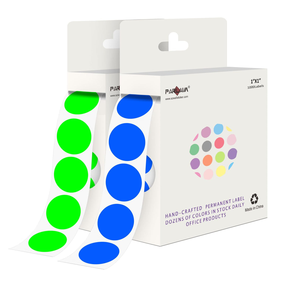 Circle Dot Stcikers 1 inch Round Label Sticker, Fluorescent Green + Blue