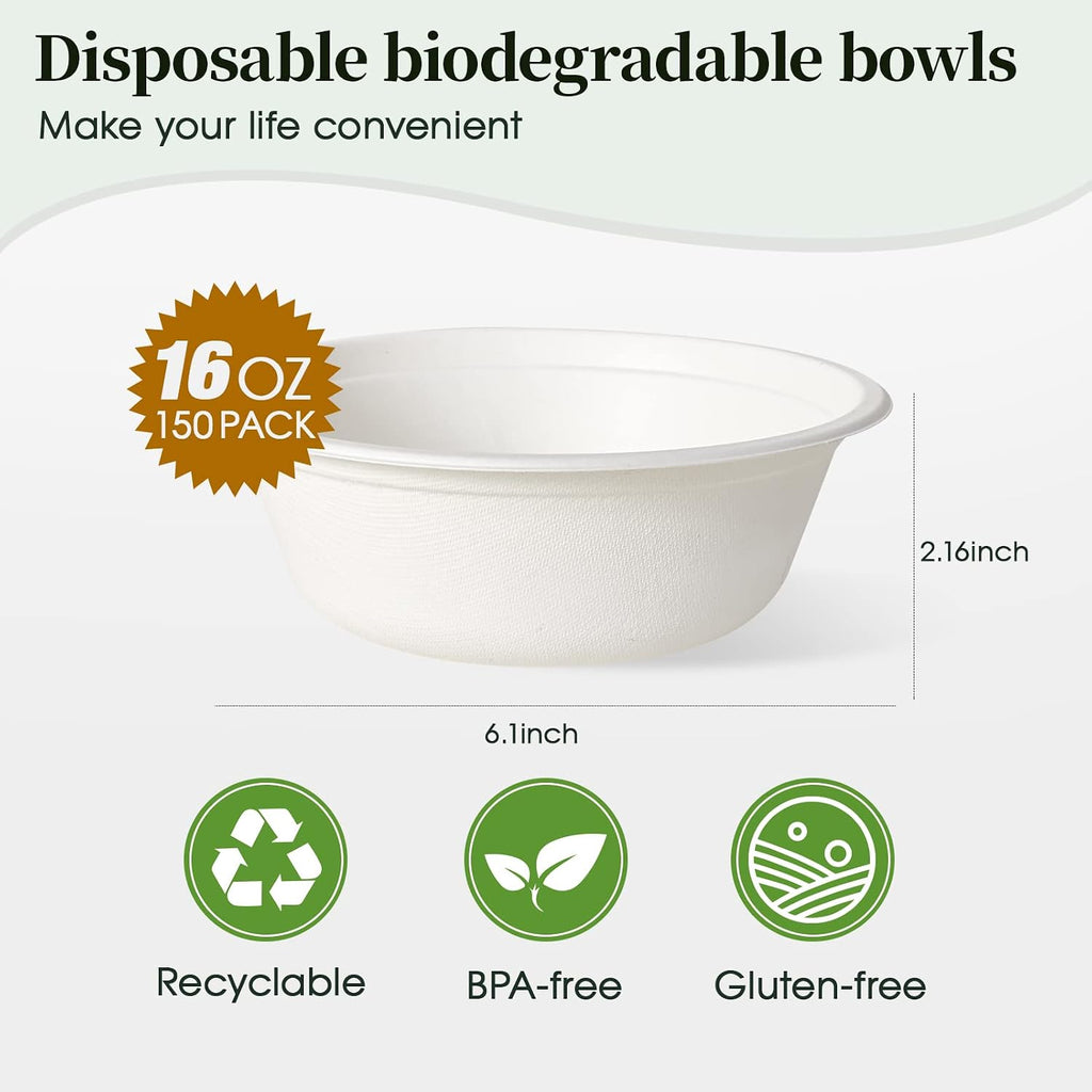 150 Pack 16 oz Compostable Paper Bowls Disposable, White