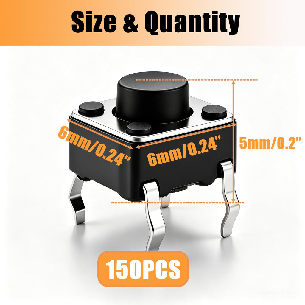 TWTADE 150Pcs Micro Momentary Tactile Push Button Switch 6x6x5mm 4 Pin Tact Switch Assortment Kit for Remote Controls, Cameras, Computers, DIY Projects