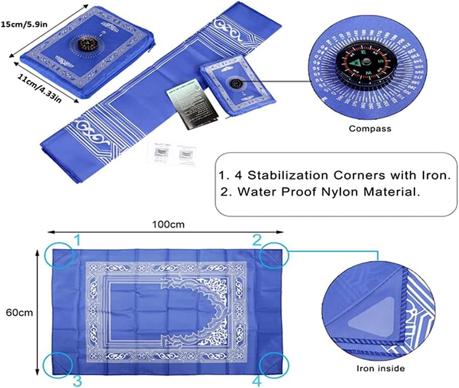 1 Pieces Portable Travel Prayer Mat with Compass, Waterproof Polyester Prayer Rug, Muslim Travel Prayer Mat, for
