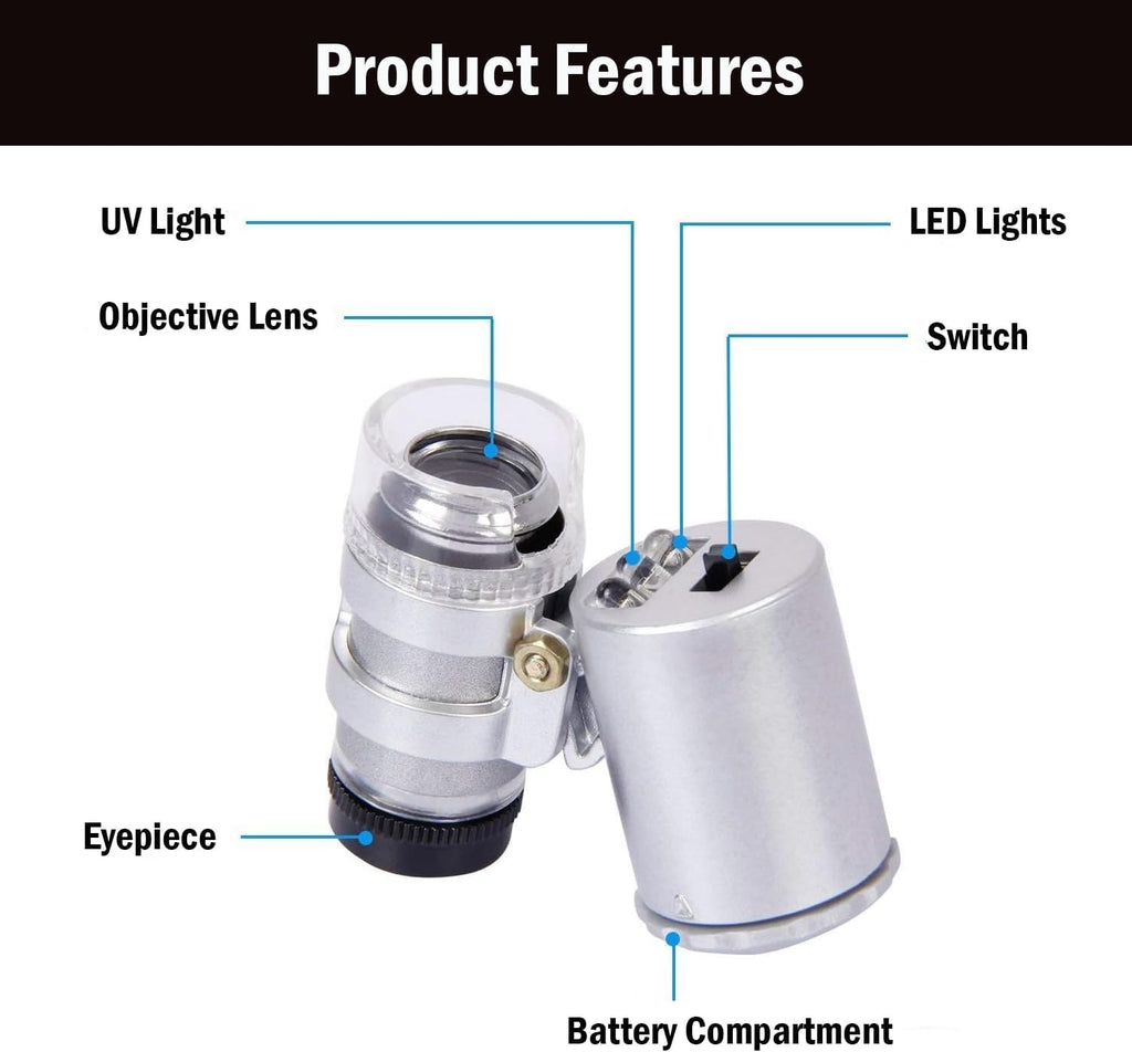 60X Mini Illuminated Microscope Pocket Magnifier Portable Jewelers Loupe | Pocket microscope with led ＆ uv & leather