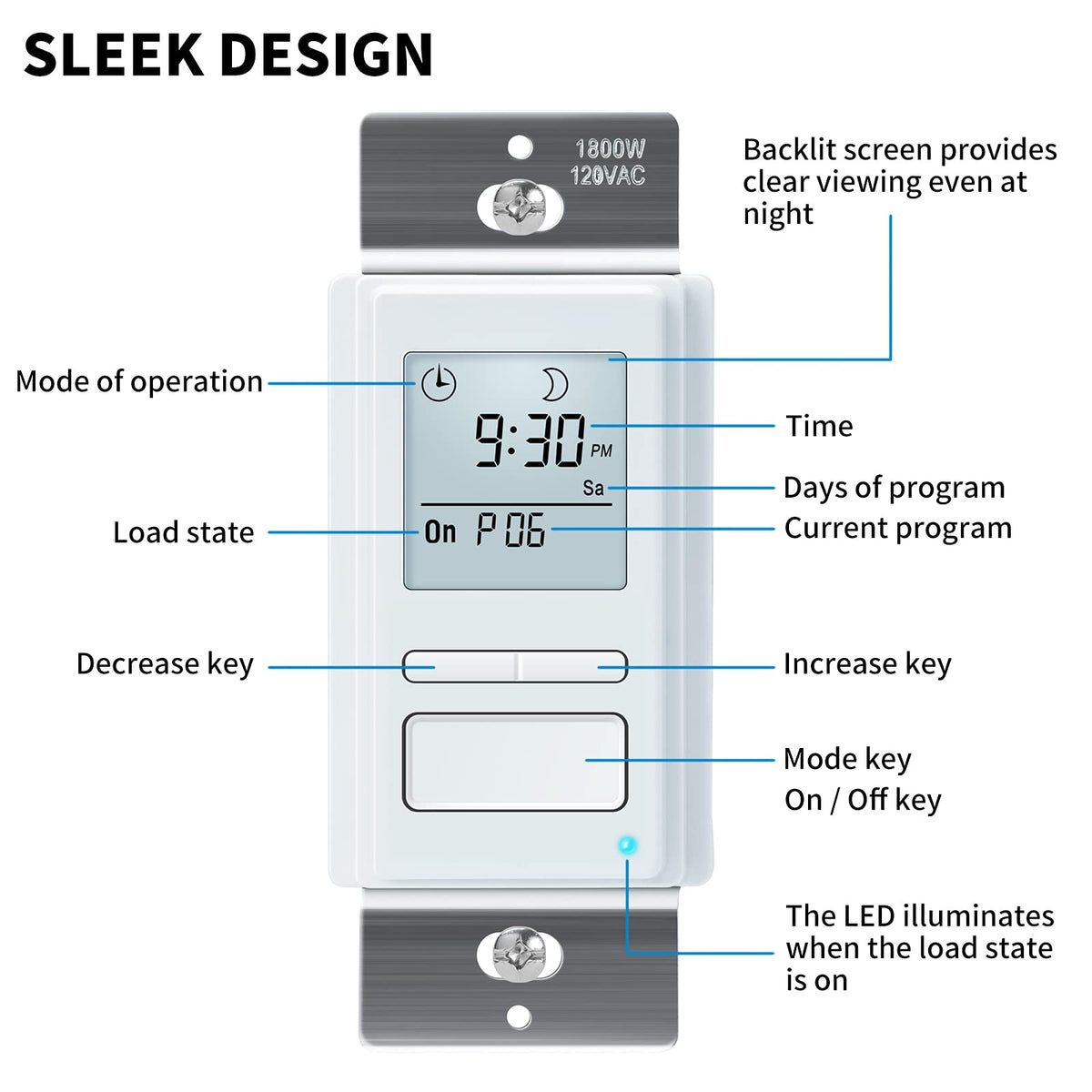Ortis 7 Day Programmable in-Wall Timer Switch, Sunrise/Sunset Automatic Control and Random Security Mode, Digital Light Switch Timer Indoor with LCD Display for Lights/Fans, Neutral Wire Required