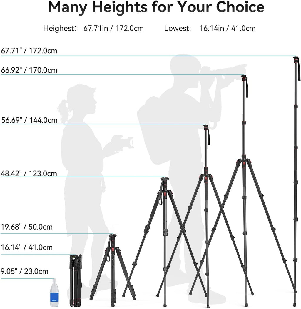T-10 68" Foldable Aluminum Camera Tripod/Monopod | Max. Payload 33lb, Height Adjustable from 19.7" to 67.7", Works