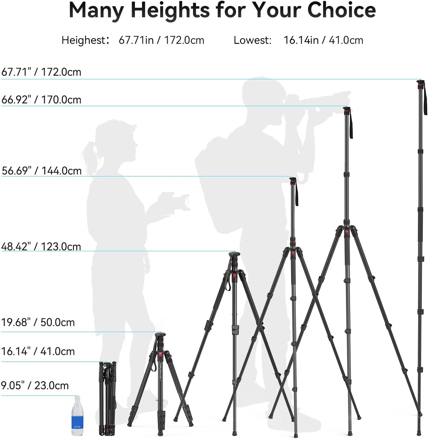 T-10 68" Foldable Aluminum Camera Tripod/Monopod | Max. Payload 33lb, Height Adjustable from 19.7" to 67.7", Works
