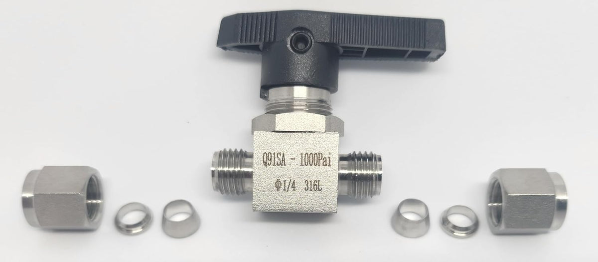 Stainless Steel Mini Ball Valve, 1/4", 316 Stainless Steel, 1000 PSI. Swagelok Compatible SS-42GS4, SS42GS4 Parker Compatible 4A-MB4LPFA-SSP. 1/4" Valve.