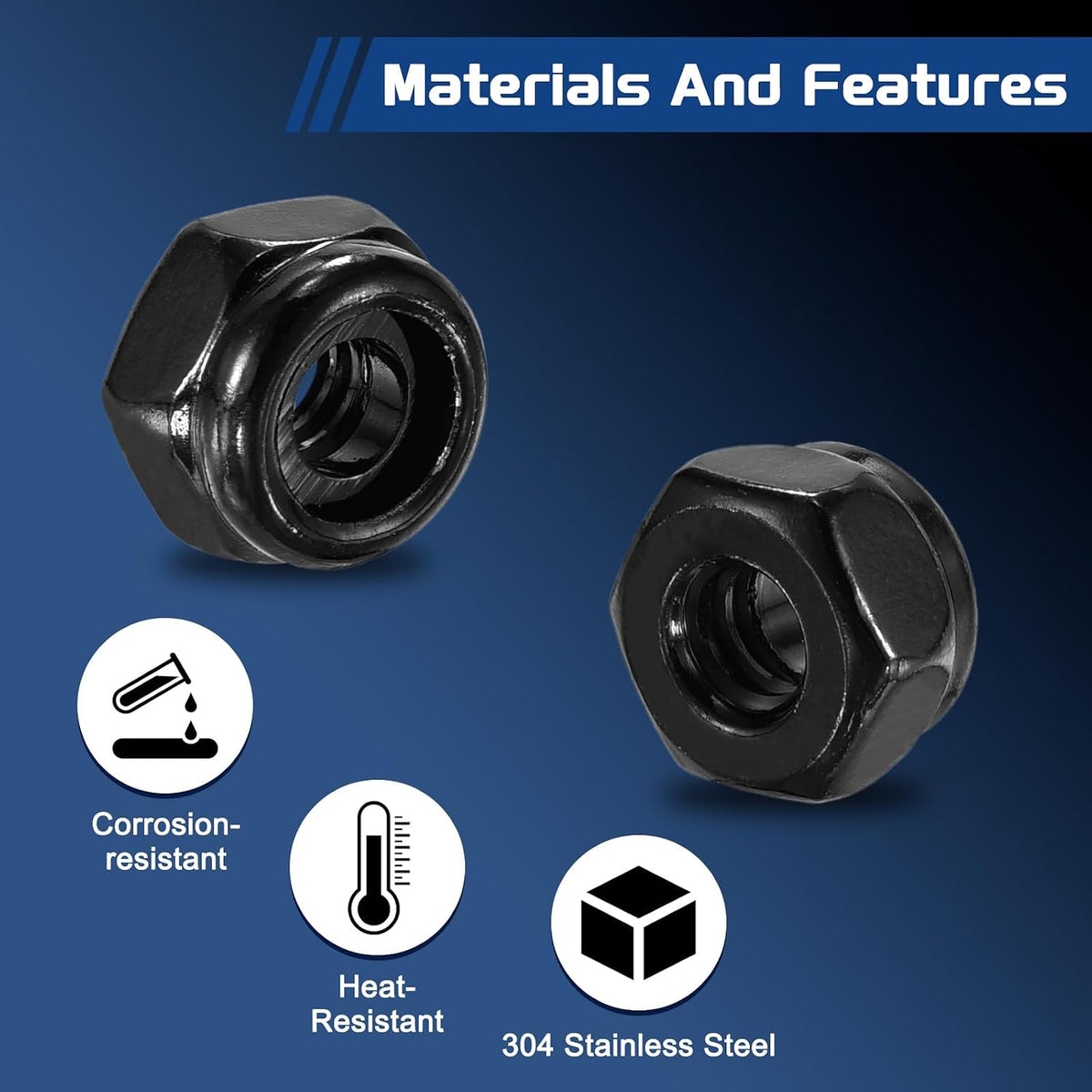 25Pcs #10-24 Nylon Locking Hex Nuts 304 StainlessSteel Black