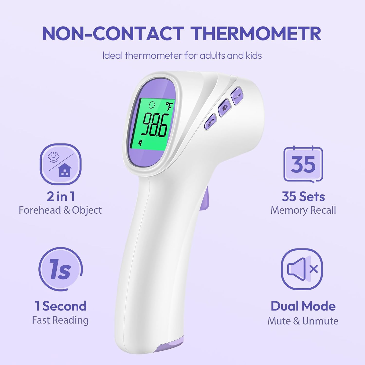Forehead Thermometer for Adults, Kids & Babies, No-Touch Digital Thermometer with LCD Backlight Display, Fever Alarm